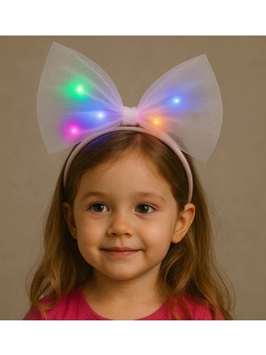 Buğz Rengarenk LED Işıklı Fiyonk Şekilli Tül Parti Tacı Beyaz Renk 25X25 cm