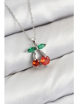 Pirinç Zirkon Taşlı Kiraz Model Gümüş Renk Kadın Kolye - TJ-BKO10421