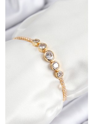 Pirinç Zirkon Taşlı Sıralı Daire Model Gold Renk Asansörlü Kadın Bileklik - TJ-BB7719