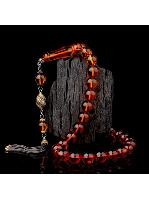 Çift Renk 925 Ayar Gümüş Püsküllü Çay Renk Damla Kehribar Tesbih