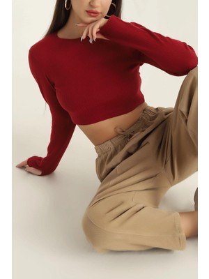 Mossta Bisiklet Yaka Parmak Geçmeli Crop Bluz Bordo