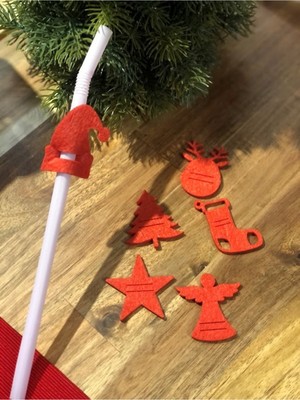 Empressco Yılbaşı Temalı Kırmızı Keçe Pipet Süsü, 10 Adet, Şık ve Eğlenceli.