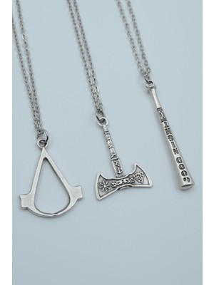 Alooya 3'lü Assassin’s Creed Viking Balta Beyzbol Sopası Gümüş Kaplama Kolye Seti
