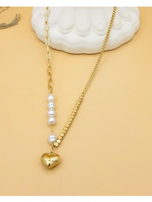 Nevoka Heartline Gold Çelik Incili Kolye