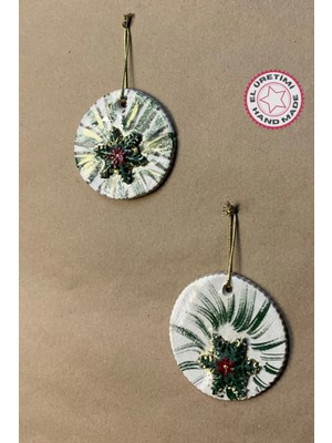 Empressco El Yapımı Seramik 2'li Yeşil Kar Tanesi Yılbaşı Süsü, 7x7 cm