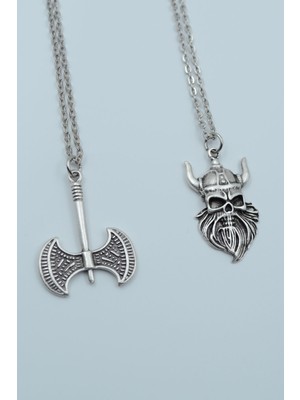 Alooya 2'li Çift Taraflı Balta Viking Savaşçı Gümüş Kaplama Kolye Seti