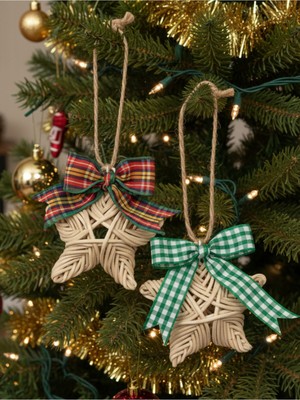 Empressco Bej Rattan Yılbaşı Çam Ağacı Süsü, Mini Yıldız, 2'li Set, Şık ve Doğal Dekor.