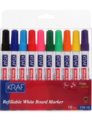 Kraf Doldurulabilir Beyaz Tahta Kalemi 10 Renk Seti - 10 Adet Yıkanabilir ve Paraben İçermeyen