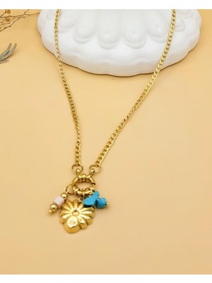 Nevoka Turkuaz Taşlı Kalp Charmlı Çelik Gold Kolye