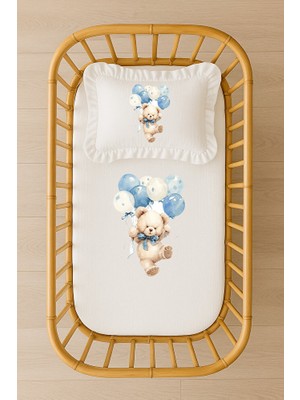 Moda Lime Mavi Balonlu Ayıcık Desenli Bebek Nevresim Takımı Içi Dolgulu Fırfırlı Yastık Kişiye Özel Isim