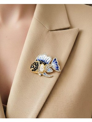 Nevoka Zirkon Taşlı Mavi Inci Balığı Broşu