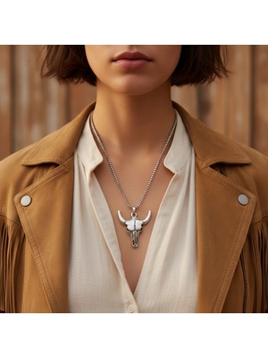 Alooya Antik Tılsım - Boğa Kuru Kafa Gümüş Kaplama Örme Zincir Kolye