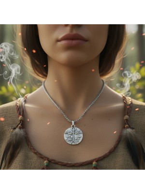 Alooya Türk Kam - Şaman Davulu Gümüş Kaplama Örme Zincir Kolye