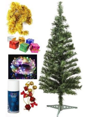 Empressco Yeşil 120 cm Yılbaşı Çam Ağacı Seti, 5 Metre Peri LED Işıklı ve Kar Spreyi, Süs Paketi