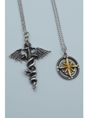 Alooya 2'li Kılıç Yarasa Yılan Pusula Kutup Yıldızı Gümüş Kaplama Kolye Seti