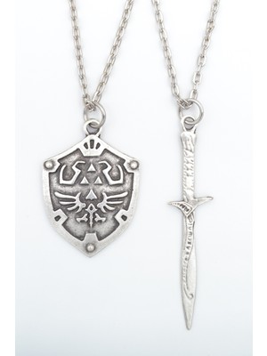 Alooya 2'li The Legend Of Zelda Kalkan - Kılıç Gümüş Kaplama Kolye Seti