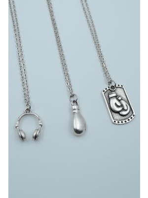 Alooya 3'lü Kulaklık Boks Eldiveni Künye Kadın Erkek Gümüş Kaplama Kolye Seti  -