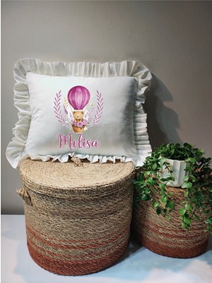 Moda Lime Isme Özel Mor Balonlu Ayıcık Desenli Fırfırlı Bebek Yastığı - Içi Dolgulu 30X40 cm