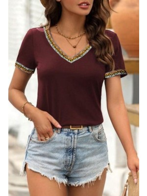 Mossta Etnik Desenli V Yaka Viskon Bluz - Bordo