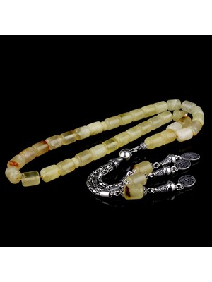 Kapsül Kesim Damla Kehribar Tesbih 925 Ayar Gümüş Kral Püsküllü