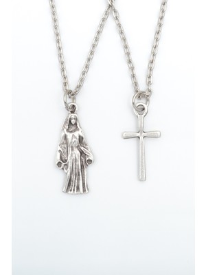 Alooya 2'li Meryem Ana - Minimal Haç Gümüş Kaplama Kolye Seti