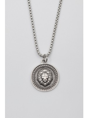 Alooya Aslan Madalyon Kolye - Örme Zincirli Unisex Gümüş Kaplama Kolye - 60 cm