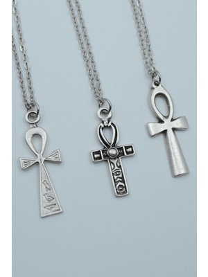 Alooya 3'lü Antik Mısır Sembolü Ankh Anahtarı Gümüş Kaplama Kolye Seti