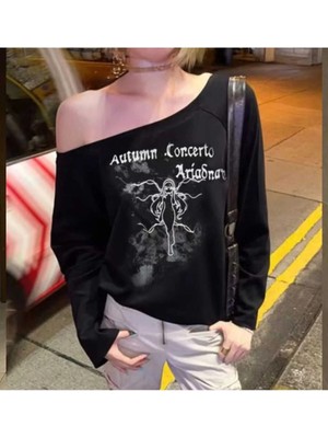 Siyah Autumun Corcerto Salaş Omuz Dekolteli Uzun Kollu Angel Ilhamlı Bluz