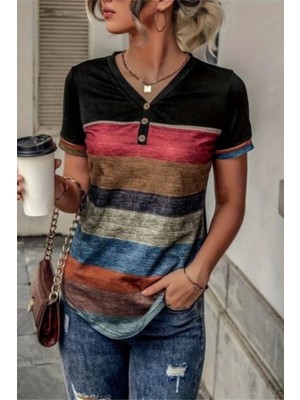 Mossta Blok Renkli V Yaka Kısa Kollu Süprem Bluz - Desenli