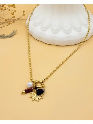 Nevoka Charmlı Püskül Inci Detaylı Çelik Güneş Gold Kolye