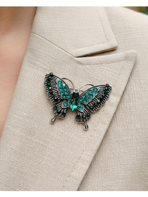 Nevoka Gümüş Kaplama Yeşil Vintage Taşlı Kelebek Broş