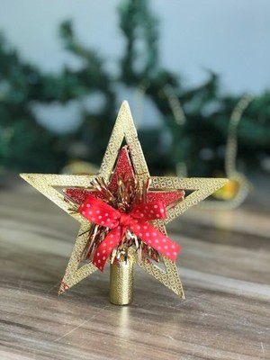 Empressco Kırmızı Yılbaşı Çam Ağacı Süsü Yıldız Tepelik Fiyonklu 10 cm Plastik