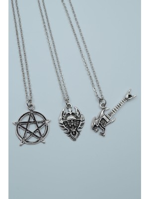 Alooya 3'lü Pentagram Kuru Kafa Gitar Diablo Kalkan Gümüş Kaplama Kolye Seti
