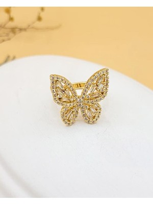 Nevoka Kelebek Figürlü Zirkon Taşlı Gold Yüzük