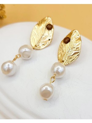 Nevoka Karamel Taşlı Incili Yaprak Sallantılı Küpe