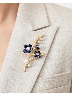 Nevoka Lacivert Mine ve Inci Detaylı Bahar Dalı Broş