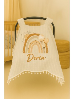 Moda Lime Kişiye Özel Balon ve Gökkuşağı Desenli Bebek Puset Örtüsü – Isim Yazılı, %100 Pamuk