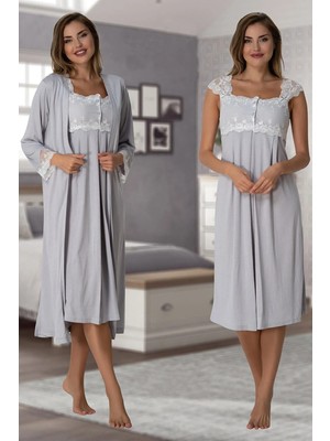 Dantel Detaylı Askılı Gecelik Sabahlık Takımı