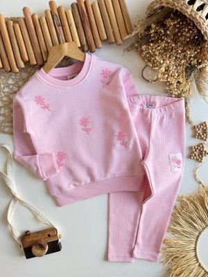 Noble Kids Taş İşlemeli Çiçek Desenli Pembe Kız Çocuk Takımı – Sweatshirt & Tayt Alt, 2–8 Yaş