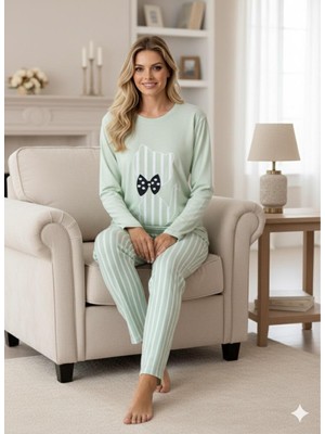 Enisa Interlok Kumaş Uzun Kollu Kadın Pijama Takımı Desenli Baskılı Işlemeli