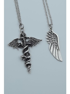 Alooya 2'li Kılıç Yarasa Yılan Büyük Kanat Gümüş Kaplama Kolye Seti