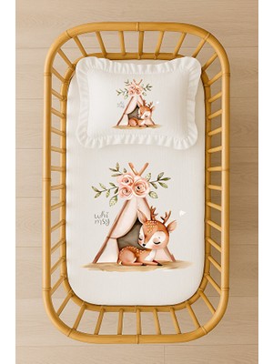 Moda Lime Kamp Çadırı ve Geyik Illüstrasyonlu Bebek Nevresim Takımı Içi Dolgulu Fırfırlı