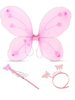 Tp Toz Pembe Renk Kelebek Kanadı Tacı ve Sopası 50X37 cm