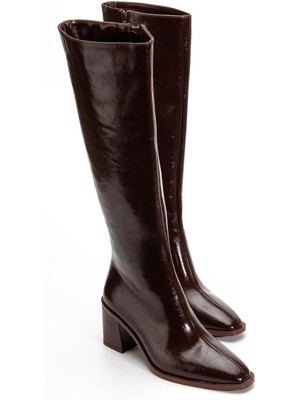 Dilimler Ayakkabı Kadın Topuklu Çizme Kahverengi Rugan Fermuarlı Küt Burun