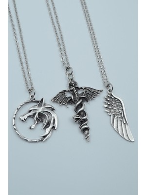 Alooya 3'lü Yarasa Yılan Kılıç Witcher Çember Kanat Gümüş Kaplama Kolye Seti