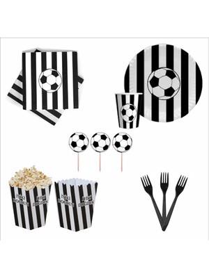 Zenviva Taraftar Siyah Beyaz 8 Tabak, 8 Bardak, 8 Mısır Kutusu, 10 Peçete, 10 Çatal, 10 Kürdan