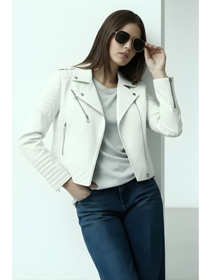 Qaju Kadın Suni Deri Ceket-Ekru