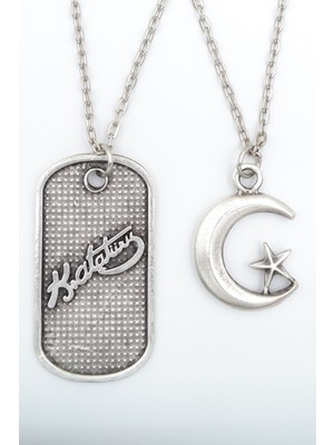 Alooya 2'li Kemal Atatürk İmza Künye - Ay Yıldız Gümüş Kaplama Kolye Seti