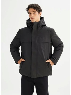 Lee L25202578001 Siyah Erkek Kapüşonlu Fermuarlı Yandan Cepli Relax Fit Şişme Mont