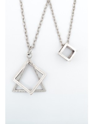 Alooya 2'li Küp - Üçgen Kare Geometrik Gümüş Kaplama Kolye Seti